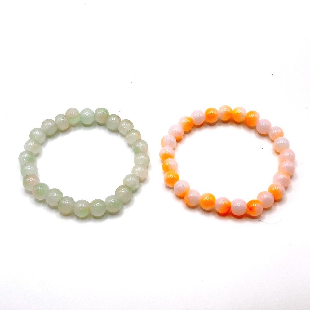Beaded Bracelet Set OS Green Orange Round Stone Stretch Jewelry Gift Boho Style